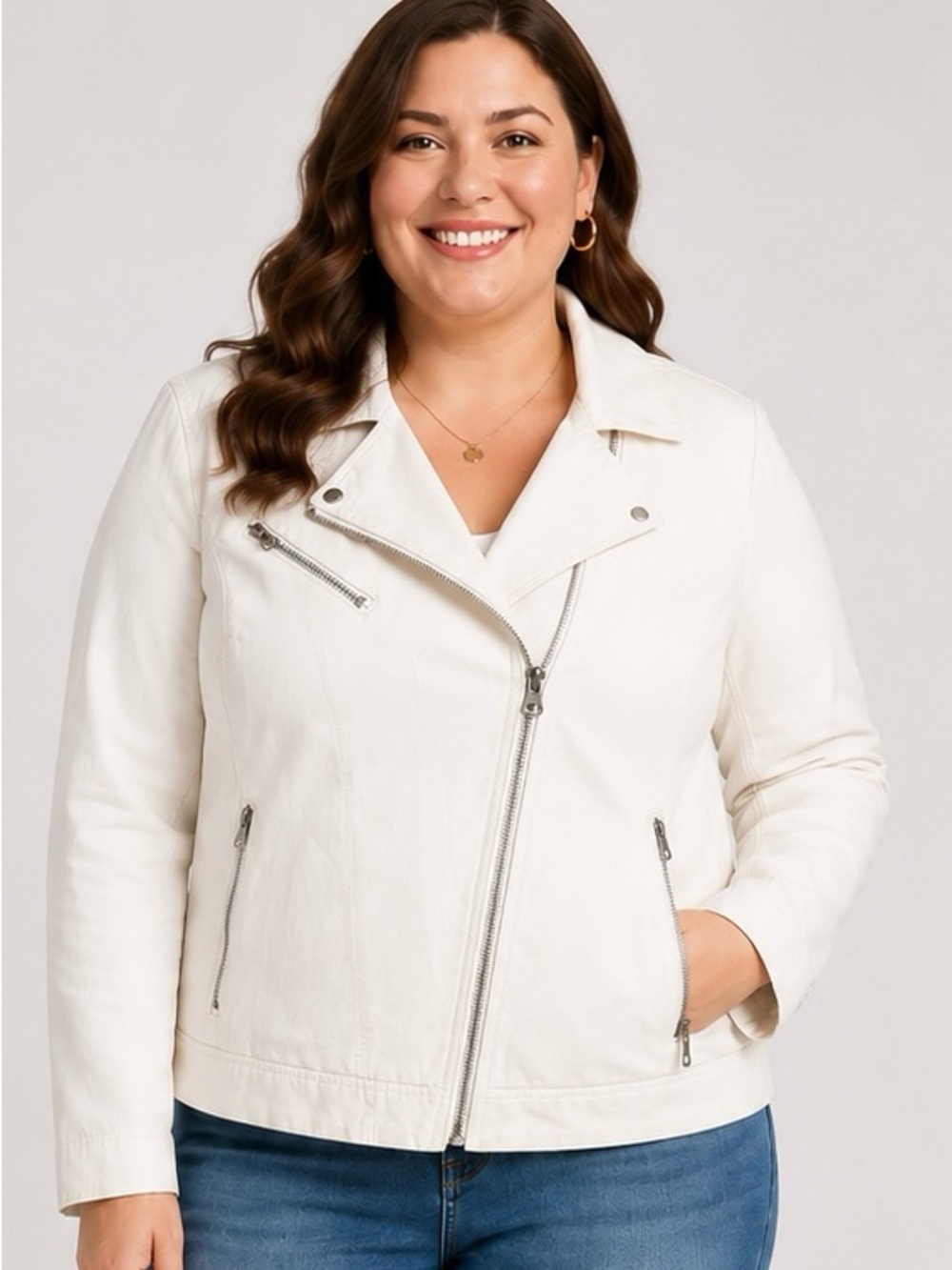 Lane Bryant Jacket Size 18 White Moto-Style Linen Blend Asymmetrical Zip NWT